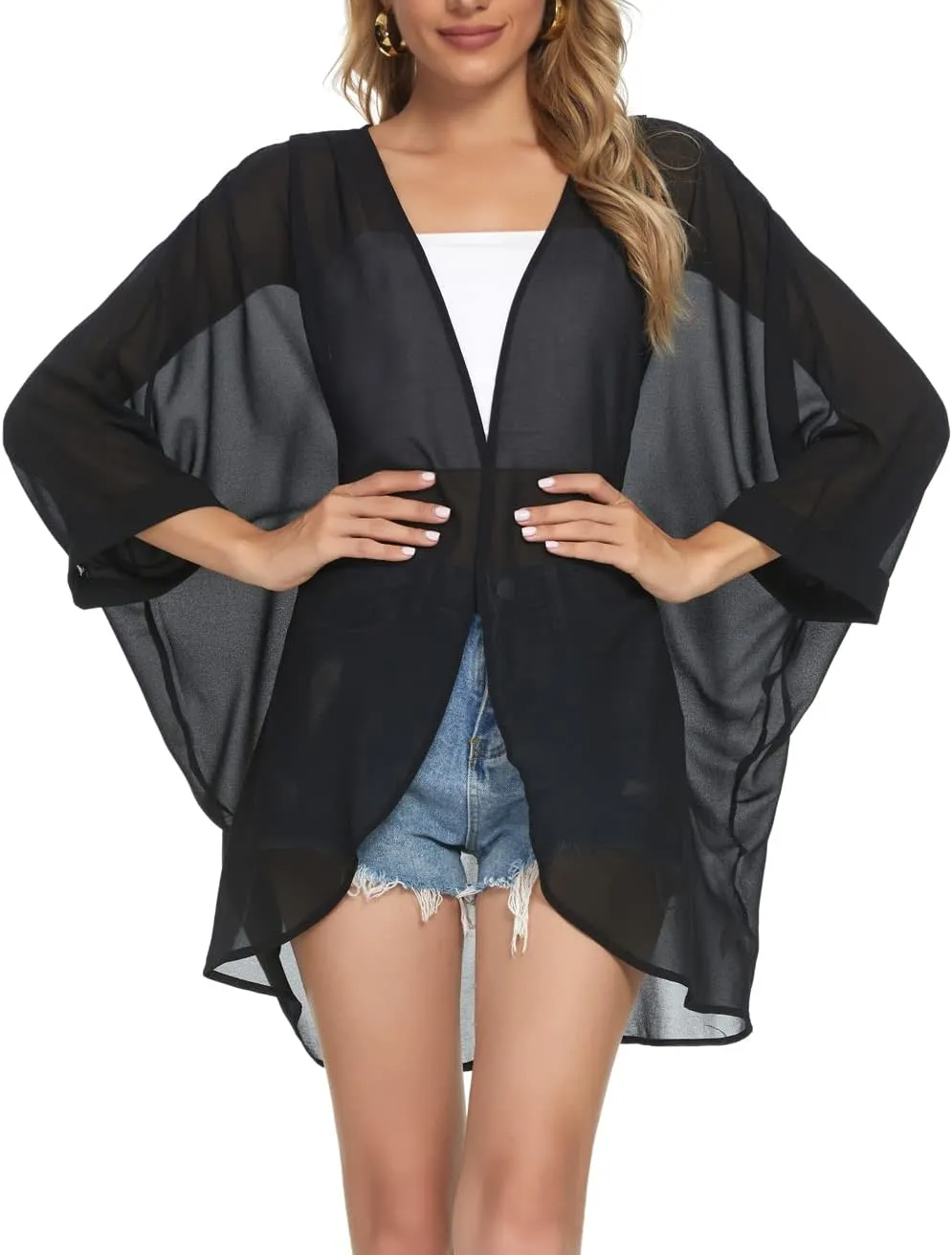 Tribear Women Chiffon Kimono Cardigan Floral Printed Bat Sleeve Casual Capes Beach Cover up