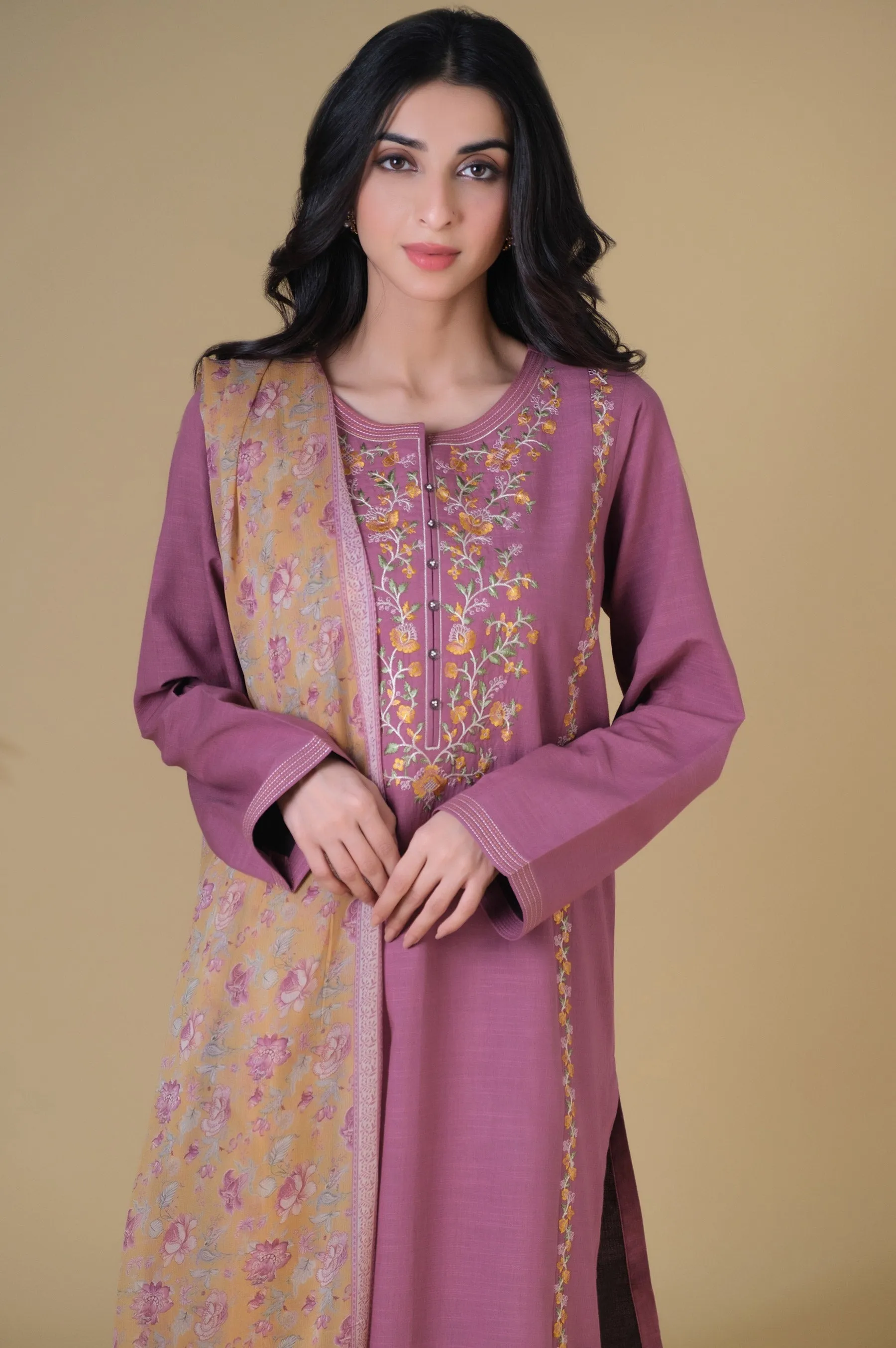 Unstitched 3 Piece Embroidered Slub Lawn Suit