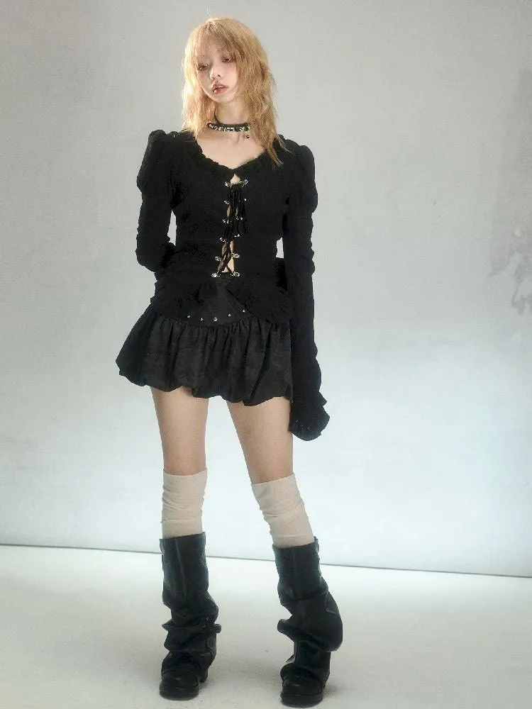 Vintage Black Printed Rivet Irregular Pod Skirt【s0000004633】