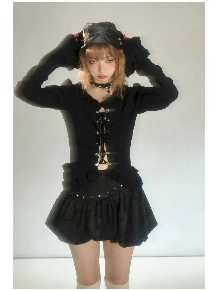 Vintage Black Printed Rivet Irregular Pod Skirt【s0000004633】
