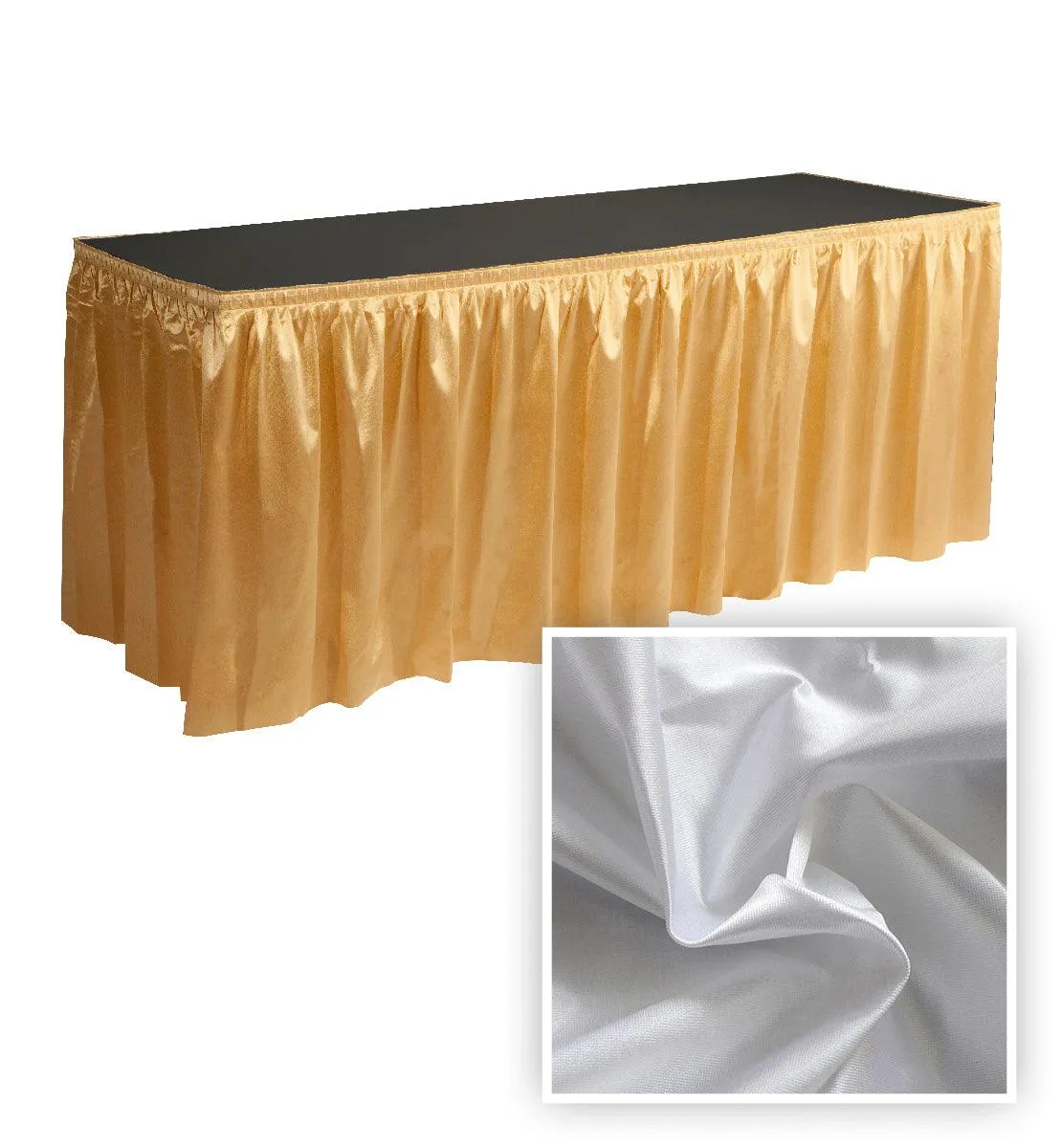White 14' x 39" Poly Knit Satin Table Skirt Shirred Pleat