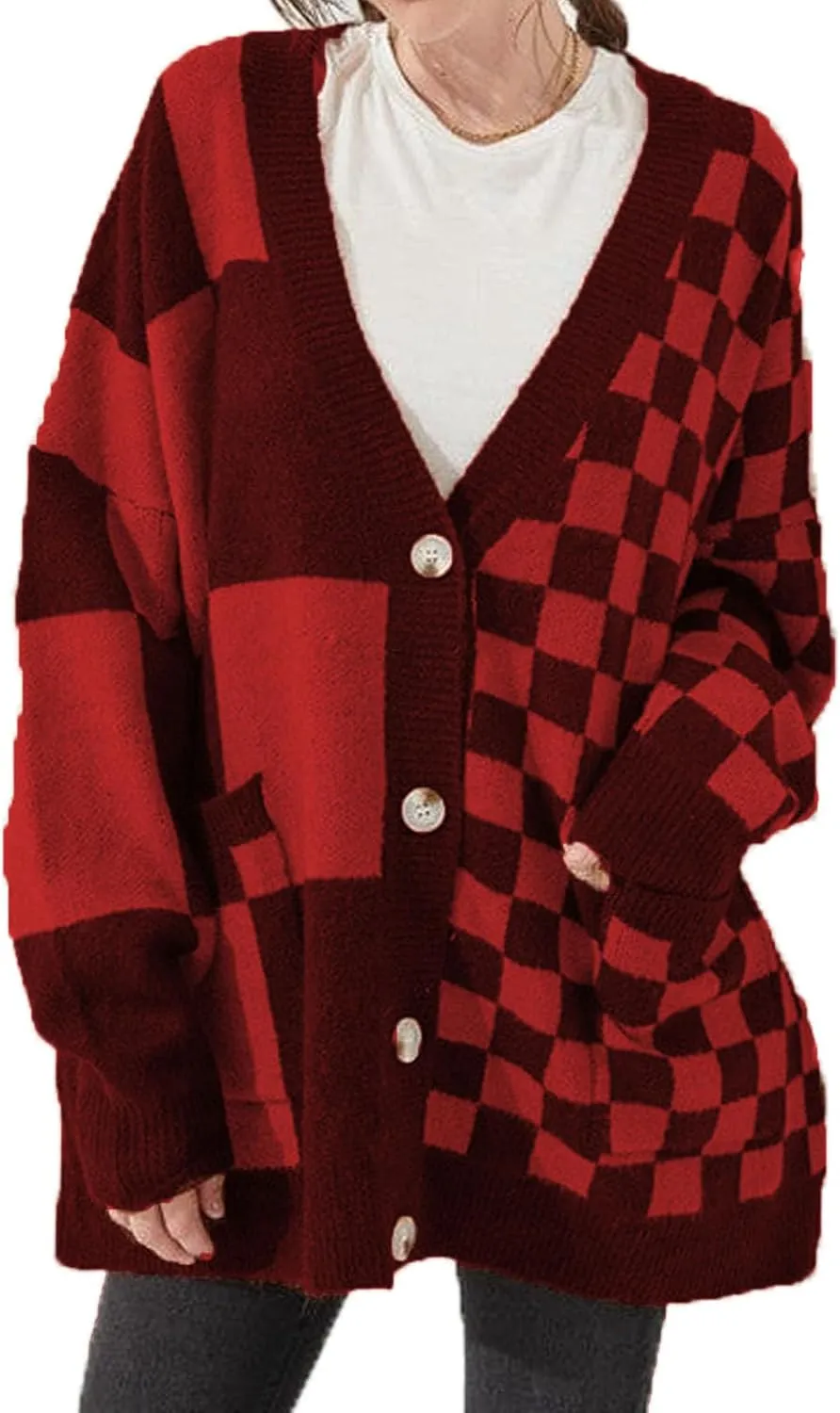 Women Checkered Oversized Cardigan Loose Deep V Neck Long Sleeve Button Down Sweater with Pockets Vintage Streetwear