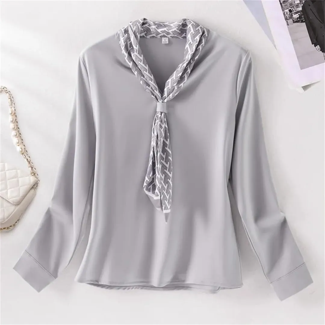 Women White Ribbon Tie Shirt V Neck Satin Blouses Office Ladies Work Tops