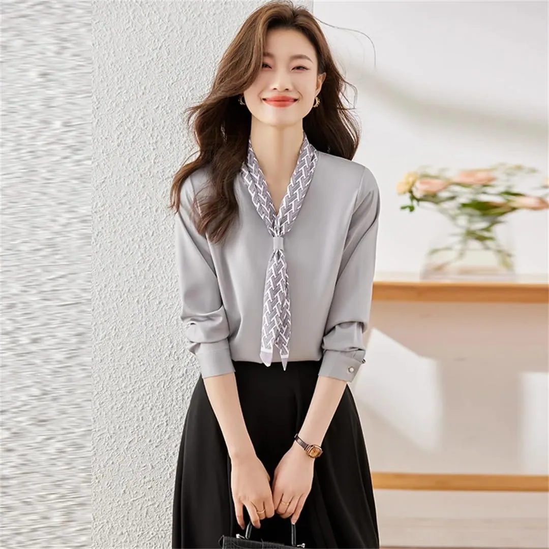 Women White Ribbon Tie Shirt V Neck Satin Blouses Office Ladies Work Tops