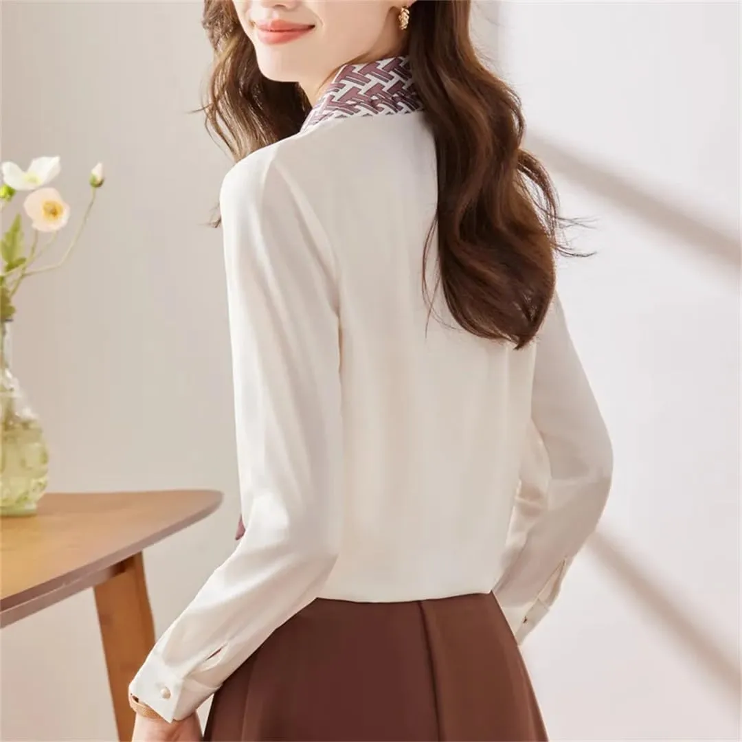 Women White Ribbon Tie Shirt V Neck Satin Blouses Office Ladies Work Tops