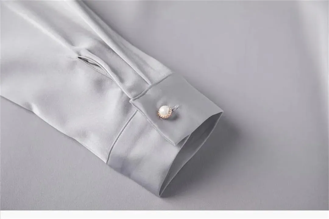 Women White Ribbon Tie Shirt V Neck Satin Blouses Office Ladies Work Tops