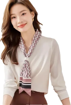 Women White Ribbon Tie Shirt V Neck Satin Blouses Office Ladies Work Tops