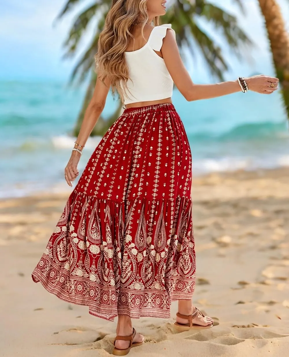 Women's 2025 Spring Summer Boho Floral Elastic Waist Flowy Swing Pleated A Line Long Maxi Beach Skirt