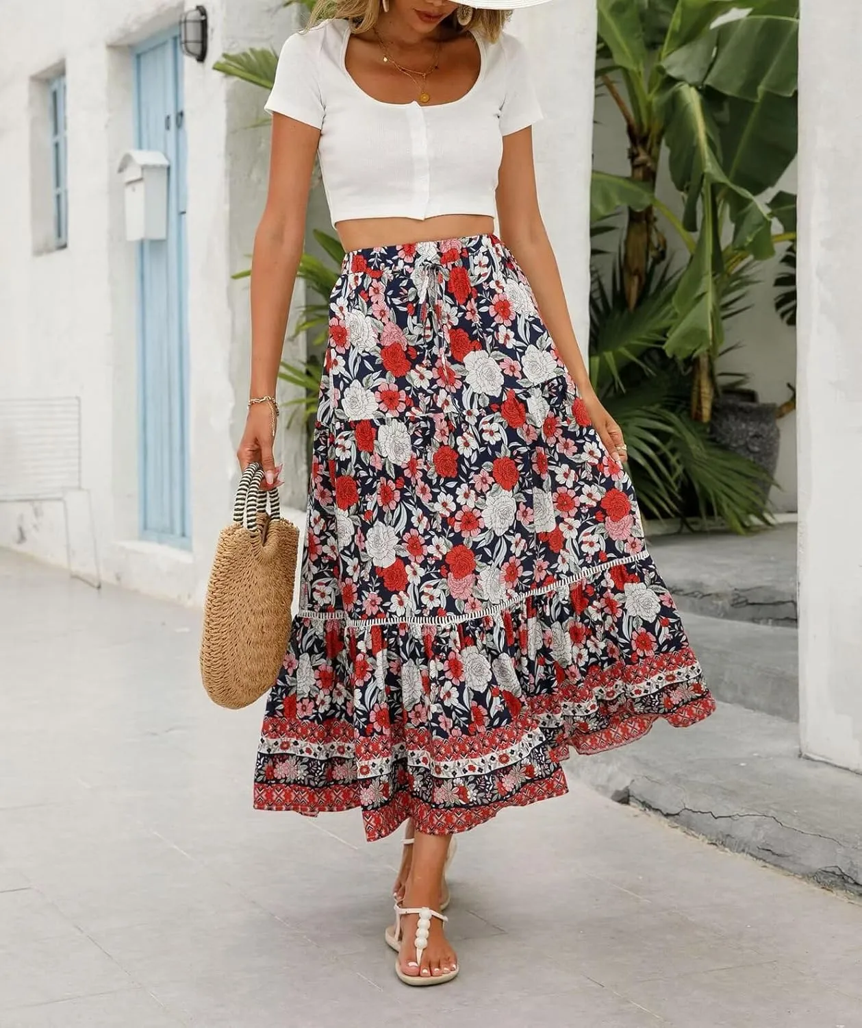 Women's 2025 Spring Summer Boho Floral Elastic Waist Flowy Swing Pleated A Line Long Maxi Beach Skirt