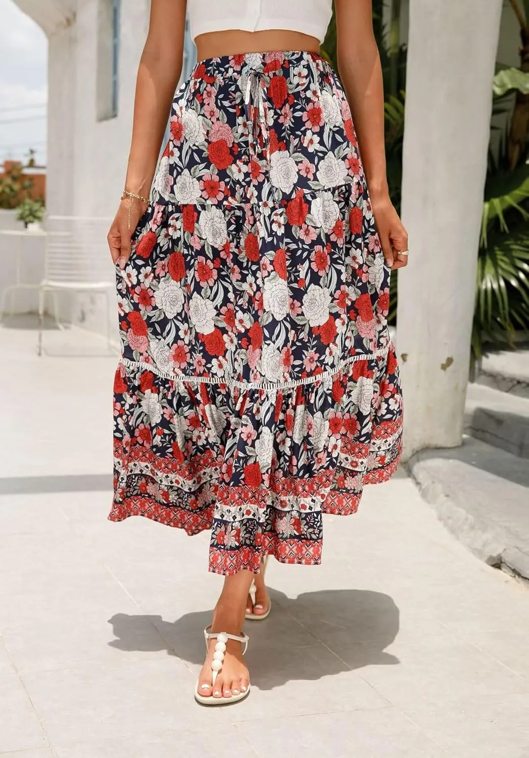 Women's 2025 Spring Summer Boho Floral Elastic Waist Flowy Swing Pleated A Line Long Maxi Beach Skirt