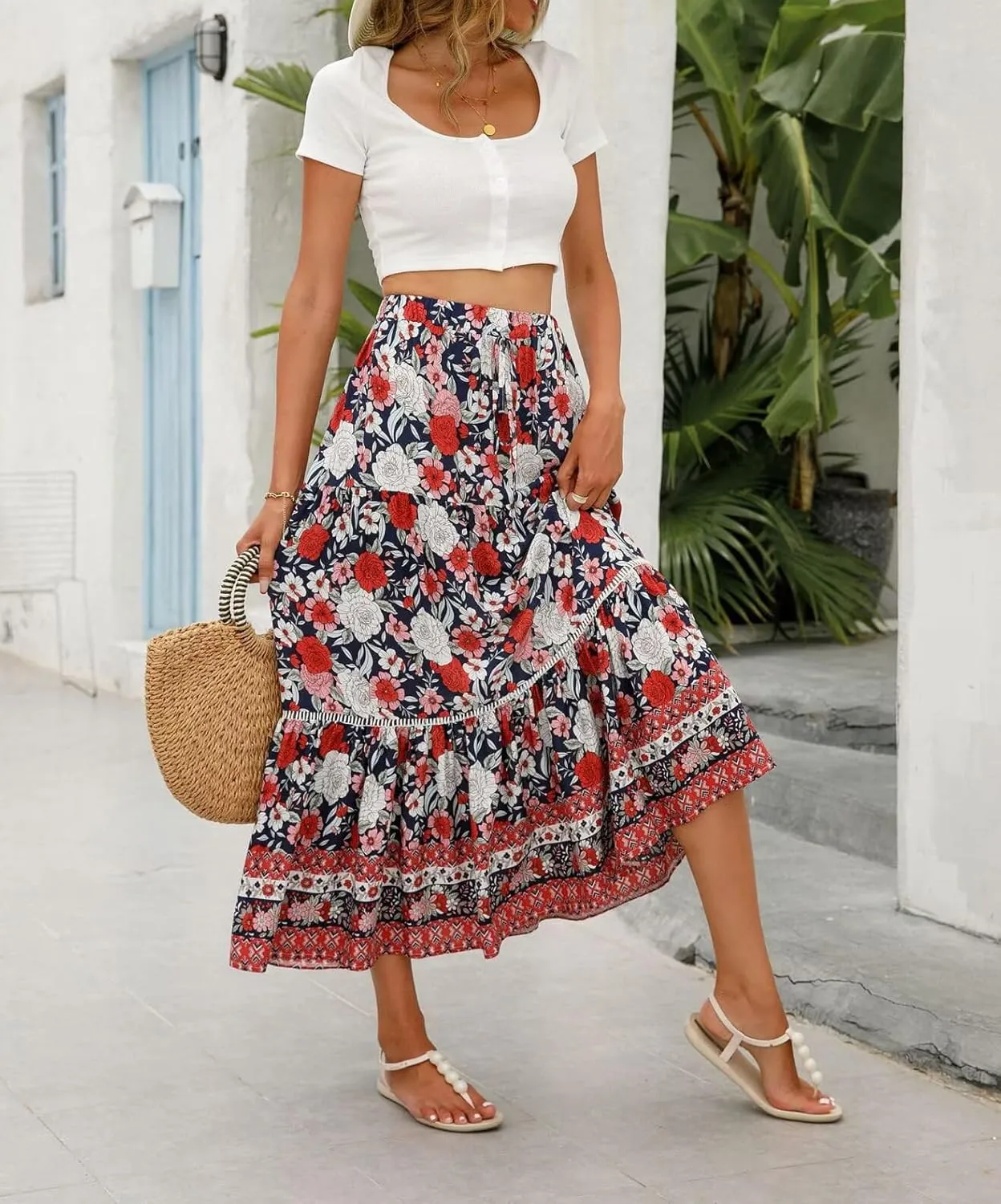 Women's 2025 Spring Summer Boho Floral Elastic Waist Flowy Swing Pleated A Line Long Maxi Beach Skirt