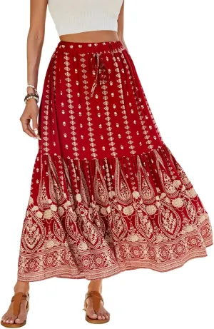 Women's 2025 Spring Summer Boho Floral Elastic Waist Flowy Swing Pleated A Line Long Maxi Beach Skirt