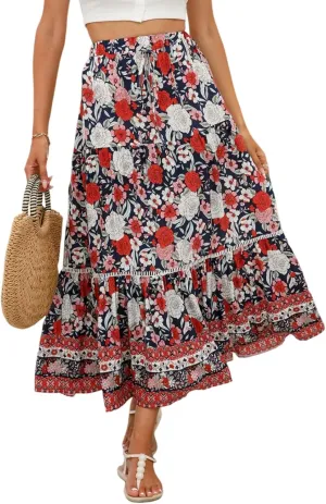Women's 2025 Spring Summer Boho Floral Elastic Waist Flowy Swing Pleated A Line Long Maxi Beach Skirt