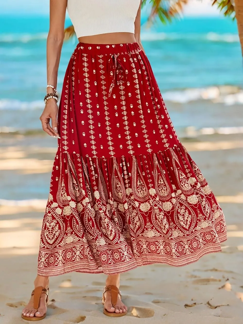 Women's 2025 Spring Summer Boho Floral Elastic Waist Flowy Swing Pleated A Line Long Maxi Beach Skirt
