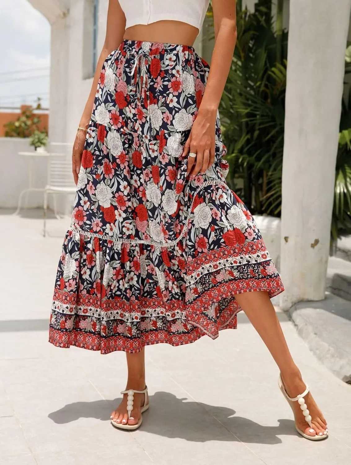 Women's 2025 Spring Summer Boho Floral Elastic Waist Flowy Swing Pleated A Line Long Maxi Beach Skirt