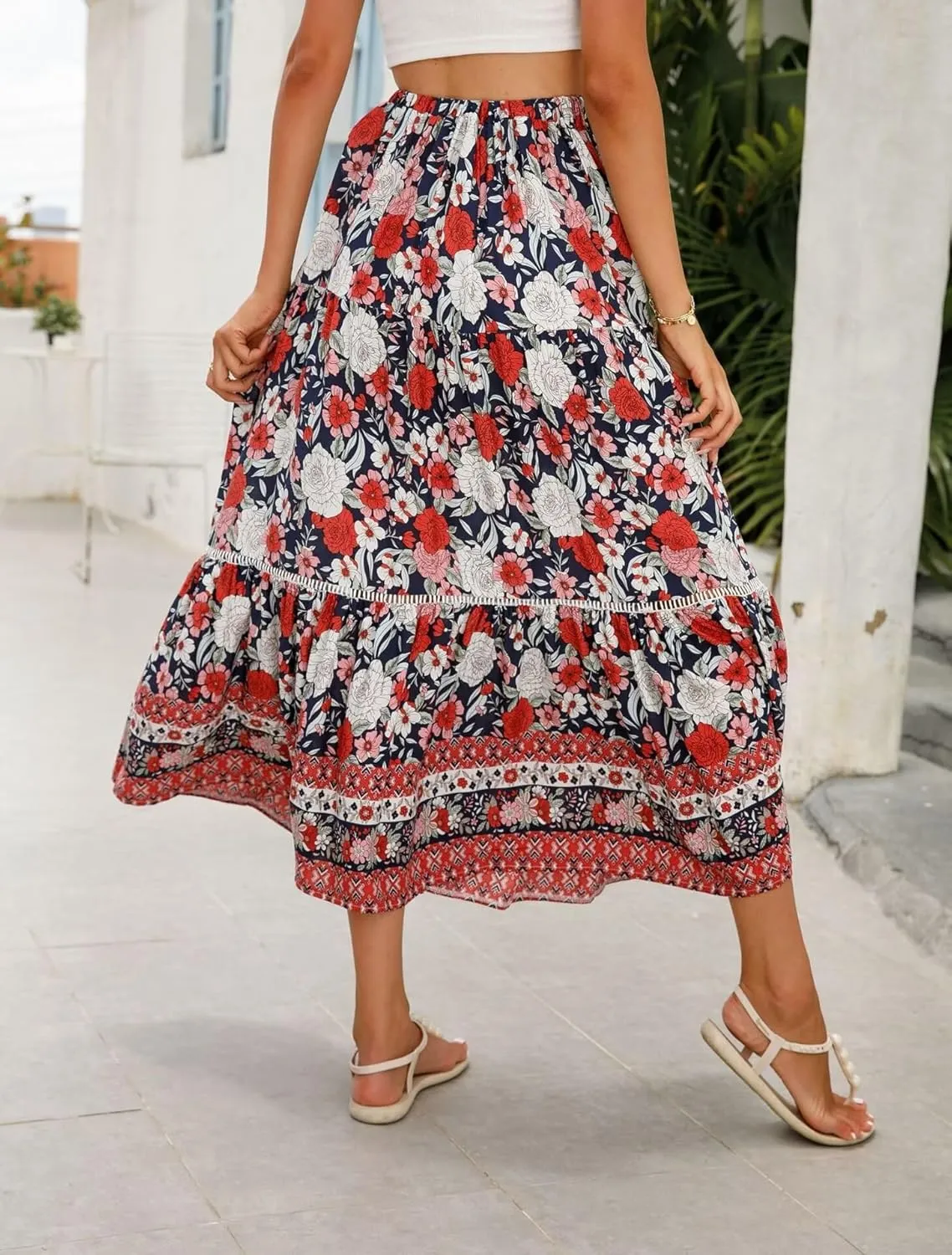 Women's 2025 Spring Summer Boho Floral Elastic Waist Flowy Swing Pleated A Line Long Maxi Beach Skirt