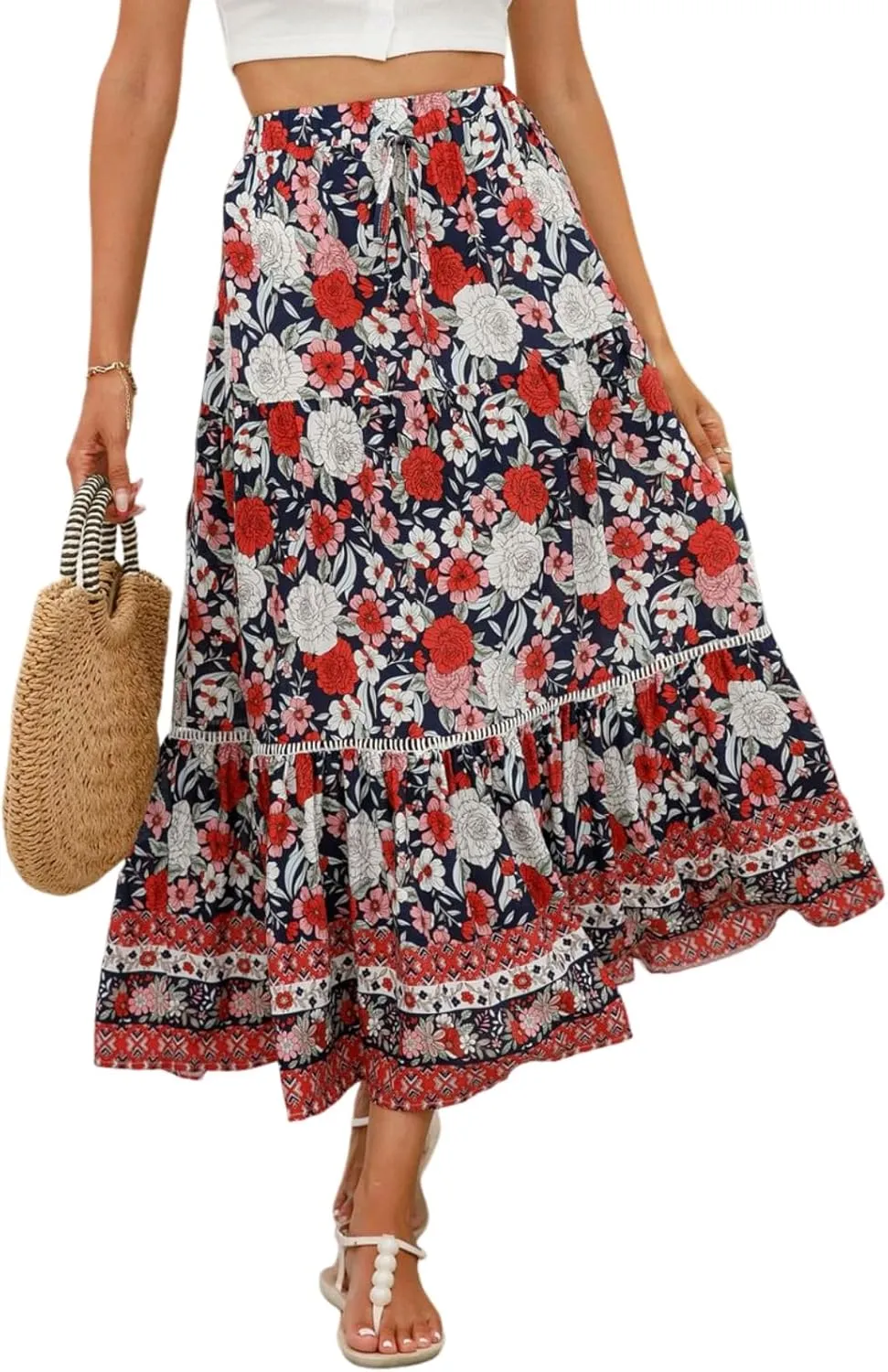 Women's 2025 Spring Summer Boho Floral Elastic Waist Flowy Swing Pleated A Line Long Maxi Beach Skirt