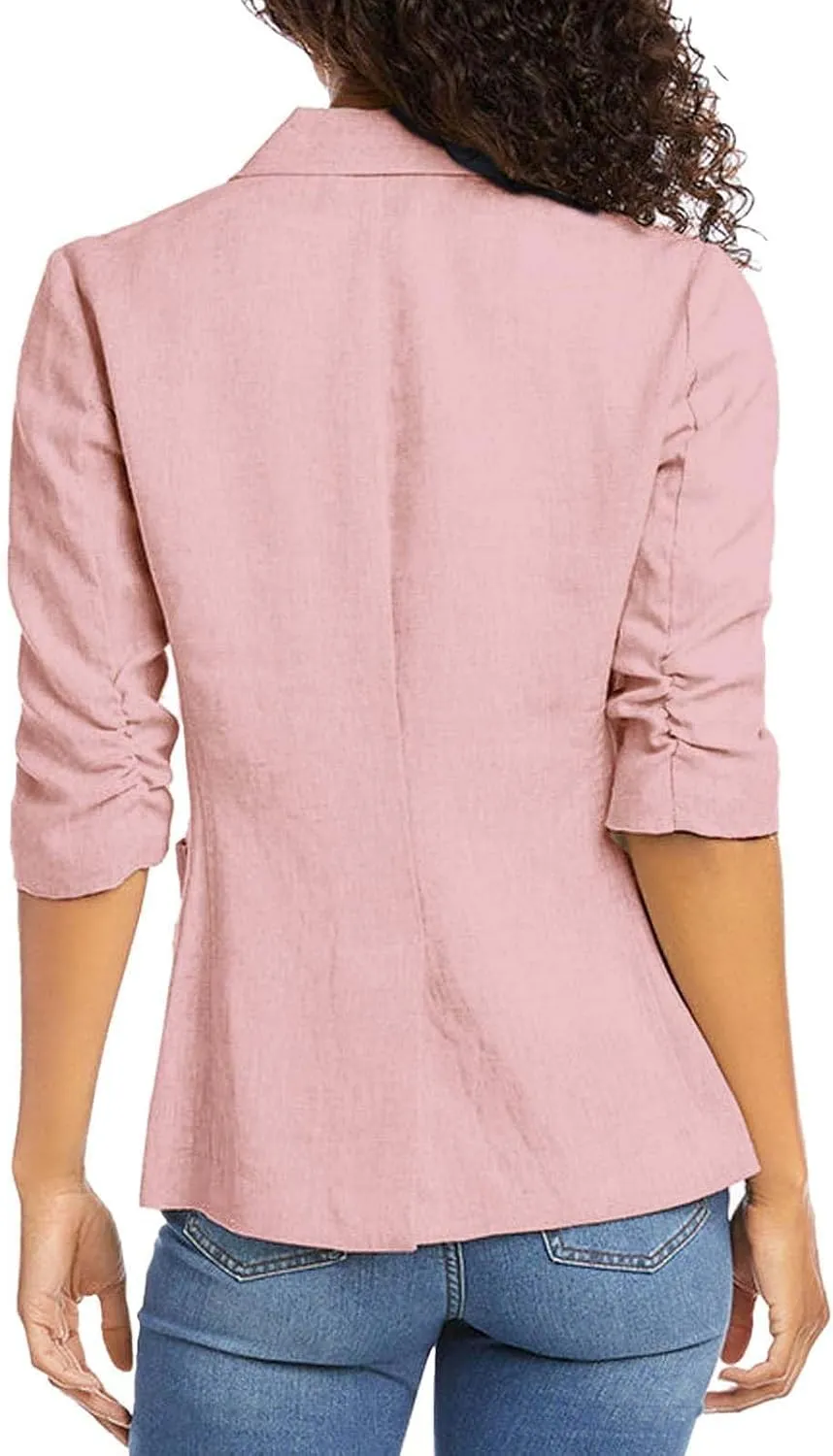 Women's 3/4 Sleeve Blazers 2024 Trendy Cotton Linen Button Cardigan Jacket Casual Business Work Suit Coat with Pockets