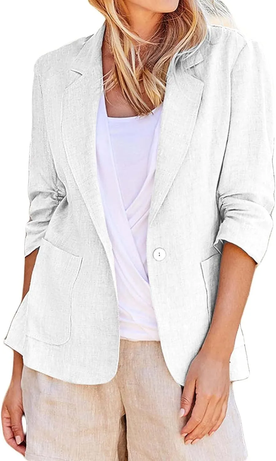 Women's 3/4 Sleeve Blazers 2024 Trendy Cotton Linen Button Cardigan Jacket Casual Business Work Suit Coat with Pockets