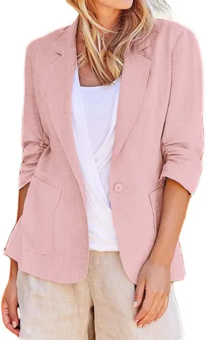 Women's 3/4 Sleeve Blazers 2024 Trendy Cotton Linen Button Cardigan Jacket Casual Business Work Suit Coat with Pockets