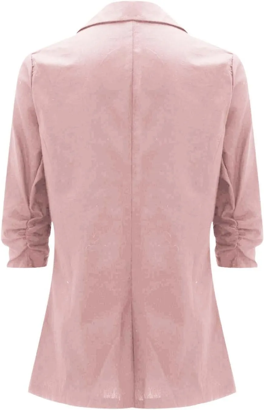 Women's 3/4 Sleeve Blazers 2024 Trendy Cotton Linen Button Cardigan Jacket Casual Business Work Suit Coat with Pockets