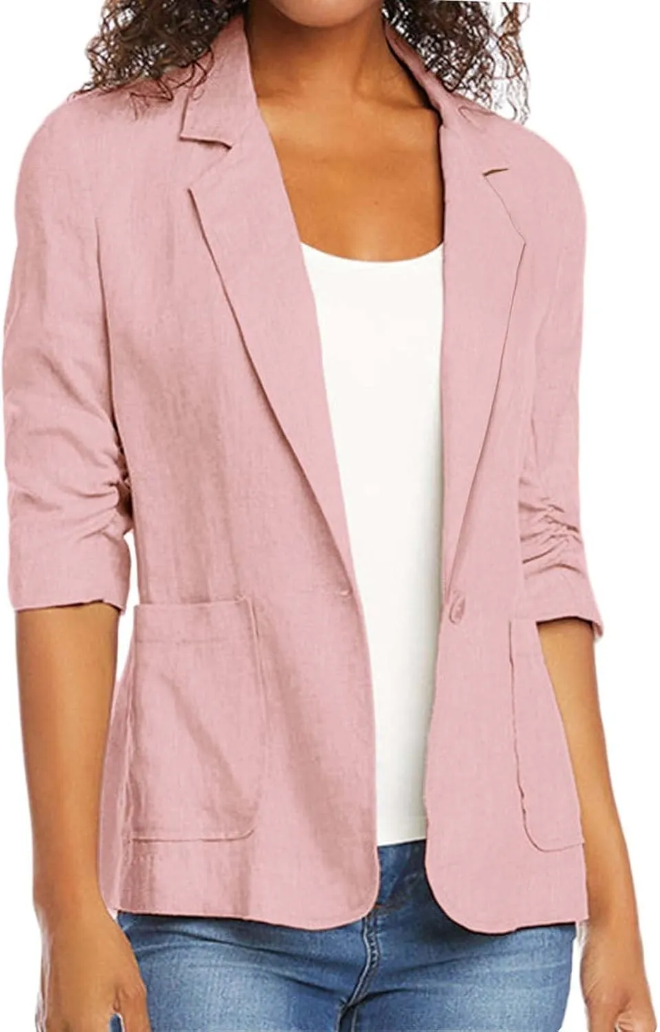 Women's 3/4 Sleeve Blazers 2024 Trendy Cotton Linen Button Cardigan Jacket Casual Business Work Suit Coat with Pockets