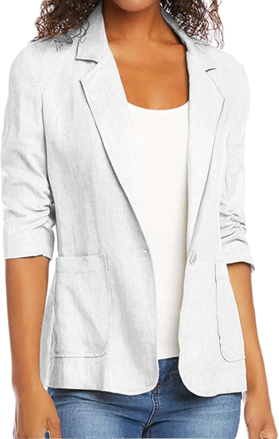 Women's 3/4 Sleeve Blazers 2024 Trendy Cotton Linen Button Cardigan Jacket Casual Business Work Suit Coat with Pockets