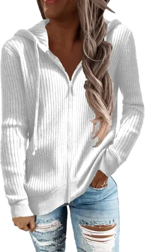 Women's Autumn Winter Rib Knit Long Sleeve Hoodies Zip Up with Drawstring Casual Loose Cardigan Sweater Outwear Coat(S-White)