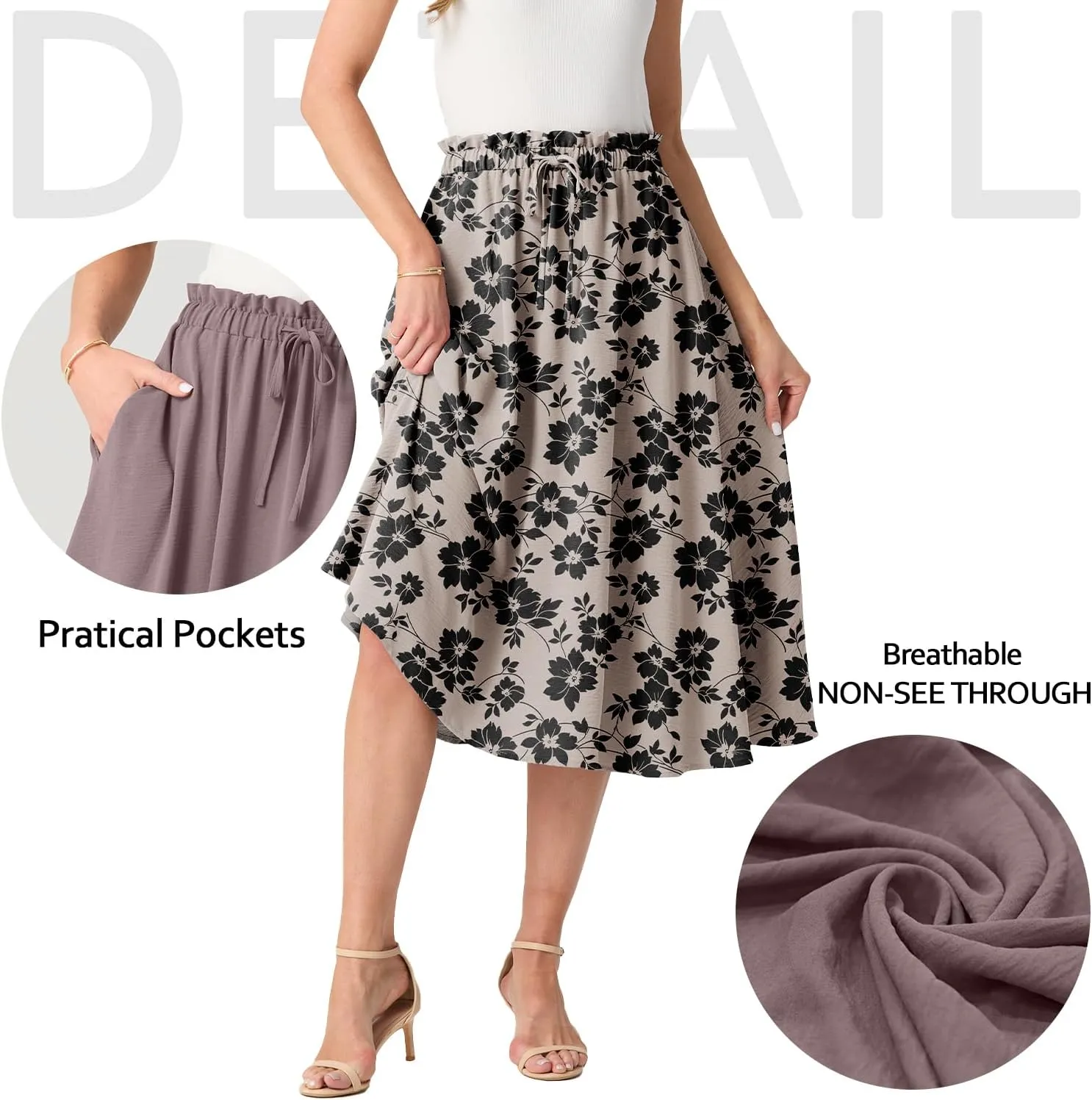 Womens Causal High Waisted Summer Midi Skirts Flowy Palazzo A-Line Long Skirt with Pockets