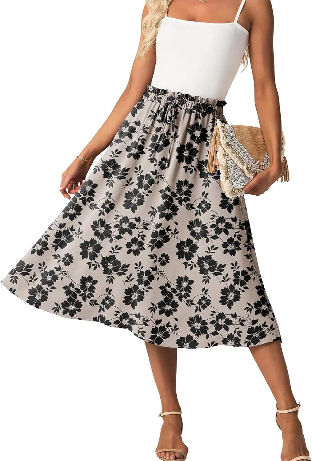 Womens Causal High Waisted Summer Midi Skirts Flowy Palazzo A-Line Long Skirt with Pockets