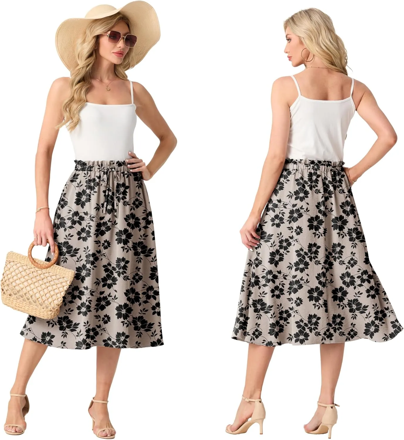 Womens Causal High Waisted Summer Midi Skirts Flowy Palazzo A-Line Long Skirt with Pockets