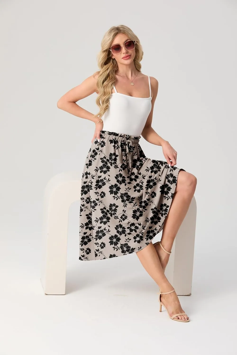 Womens Causal High Waisted Summer Midi Skirts Flowy Palazzo A-Line Long Skirt with Pockets