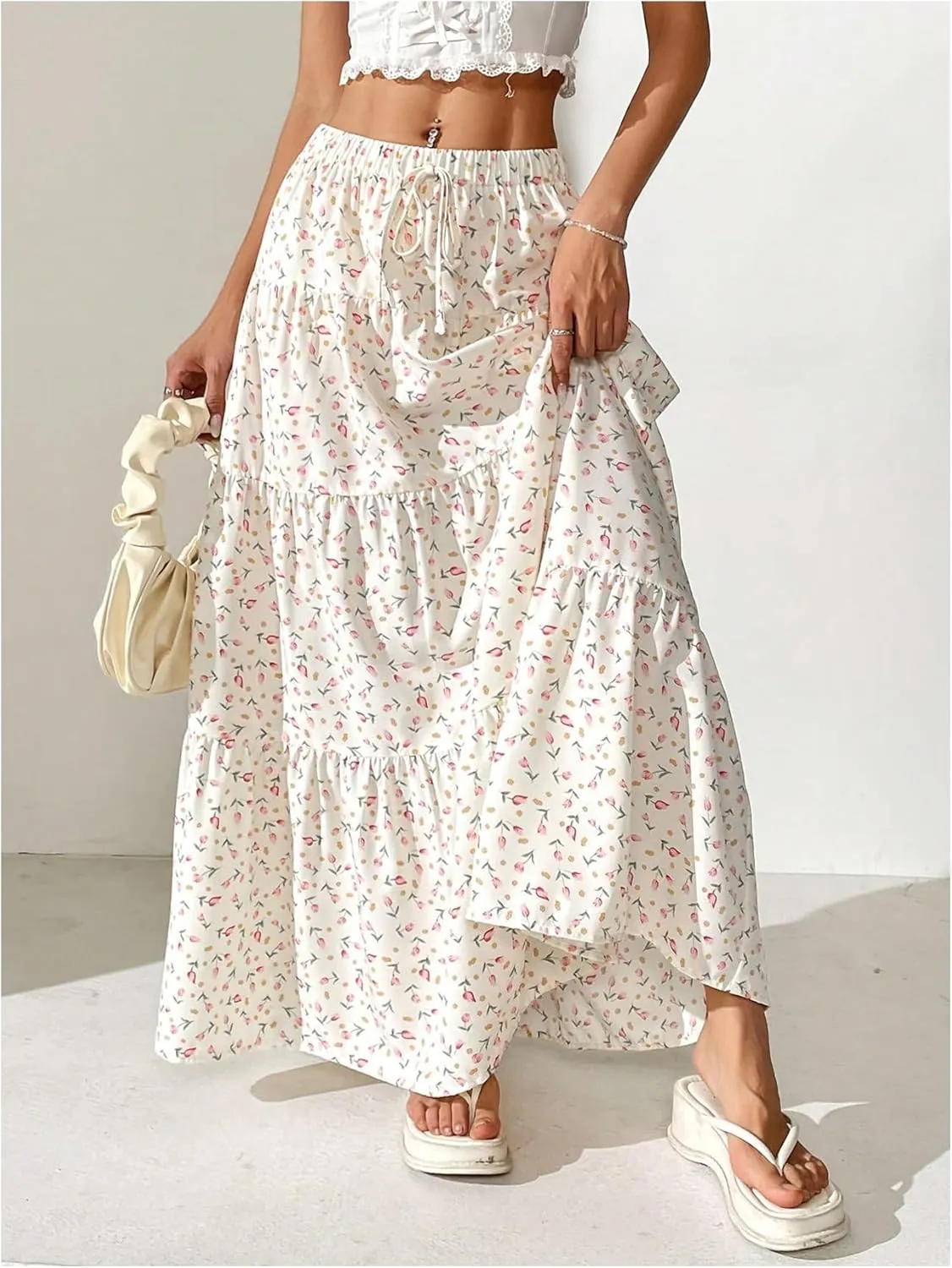Women's Flowy Flared Ruffle Hem A Line Maxi Skirts Elastic Waist Elegant Tiered Layer Boho Long Skirts