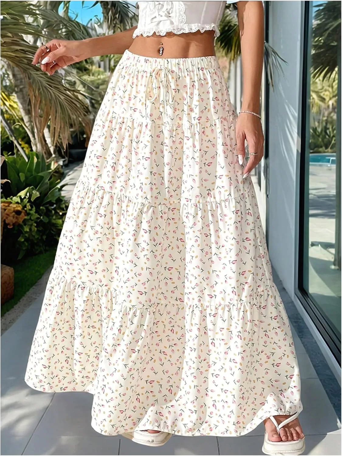 Women's Flowy Flared Ruffle Hem A Line Maxi Skirts Elastic Waist Elegant Tiered Layer Boho Long Skirts
