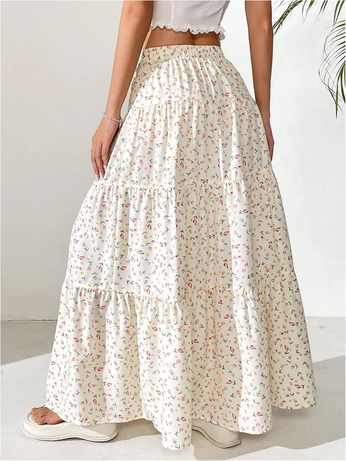 Women's Flowy Flared Ruffle Hem A Line Maxi Skirts Elastic Waist Elegant Tiered Layer Boho Long Skirts