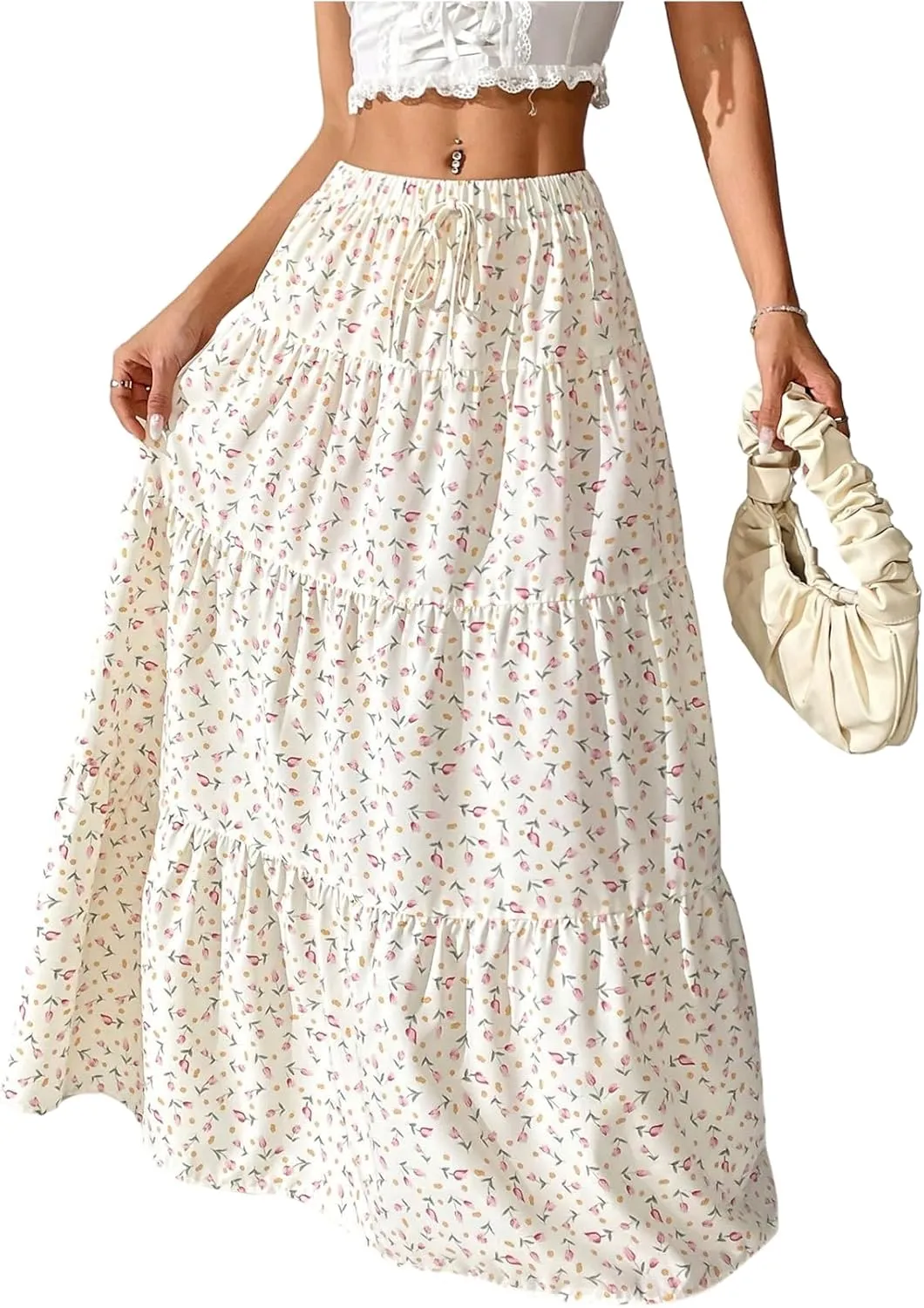 Women's Flowy Flared Ruffle Hem A Line Maxi Skirts Elastic Waist Elegant Tiered Layer Boho Long Skirts
