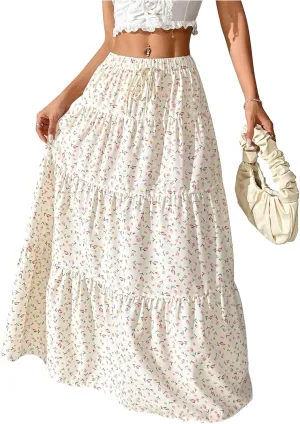 Women's Flowy Flared Ruffle Hem A Line Maxi Skirts Elastic Waist Elegant Tiered Layer Boho Long Skirts
