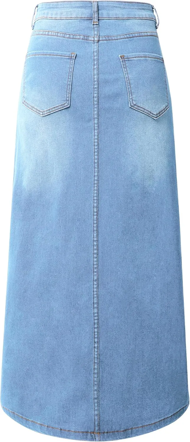 Womens Long Denim Skirt Casual A-Line Stretch Jean Skirt for Women High Waisted Vintage Denim Maxi Skirt with Pockets Blue