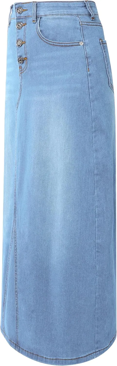 Womens Long Denim Skirt Casual A-Line Stretch Jean Skirt for Women High Waisted Vintage Denim Maxi Skirt with Pockets Blue