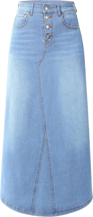 Womens Long Denim Skirt Casual A-Line Stretch Jean Skirt for Women High Waisted Vintage Denim Maxi Skirt with Pockets Blue