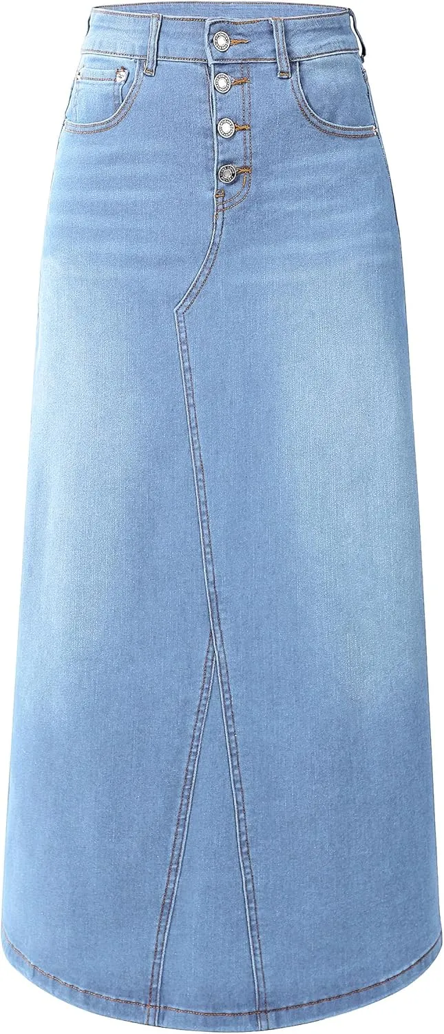 Womens Long Denim Skirt Casual A-Line Stretch Jean Skirt for Women High Waisted Vintage Denim Maxi Skirt with Pockets Blue