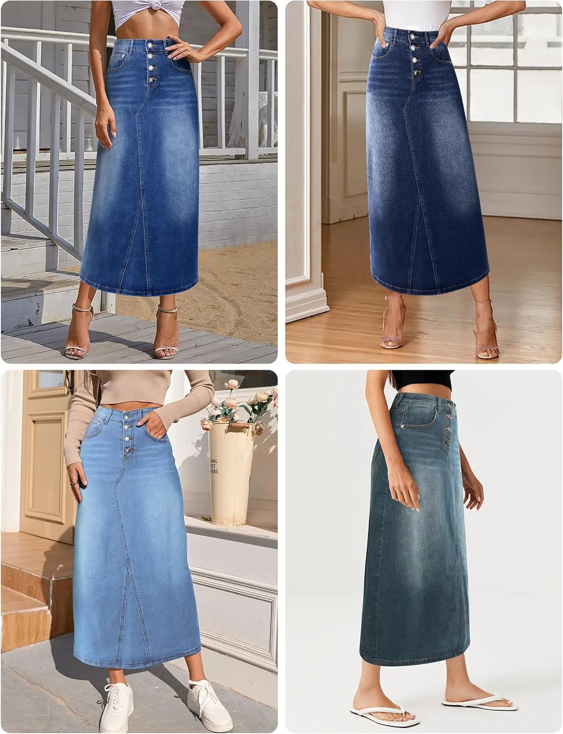 Womens Long Denim Skirt Casual A-Line Stretch Jean Skirt for Women High Waisted Vintage Denim Maxi Skirt with Pockets Blue
