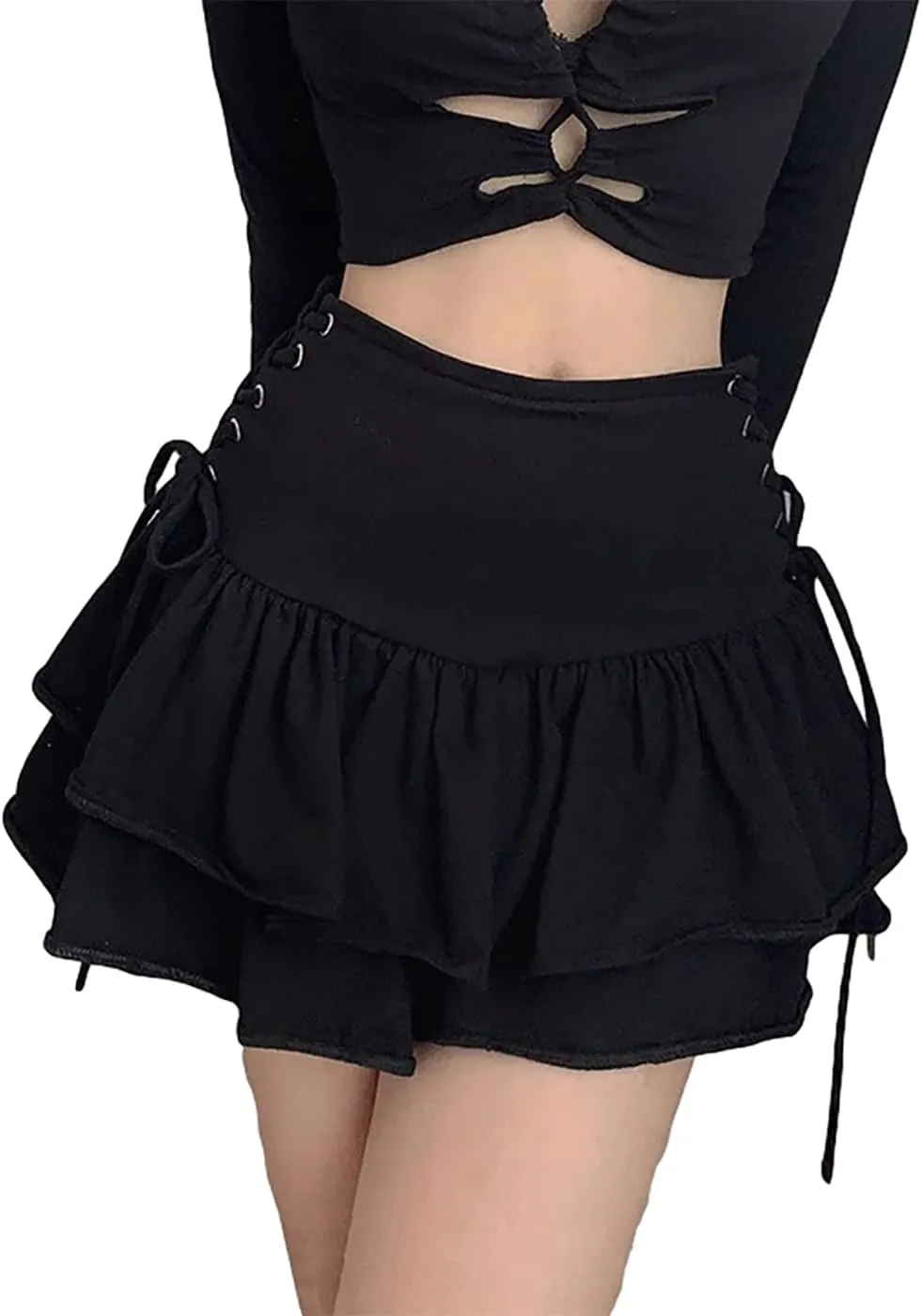 Womens Ruffle Tie Close Skirts Black Mini Skirt High Waist Goth Punk Skirt Girls Pleated Skirt Summer