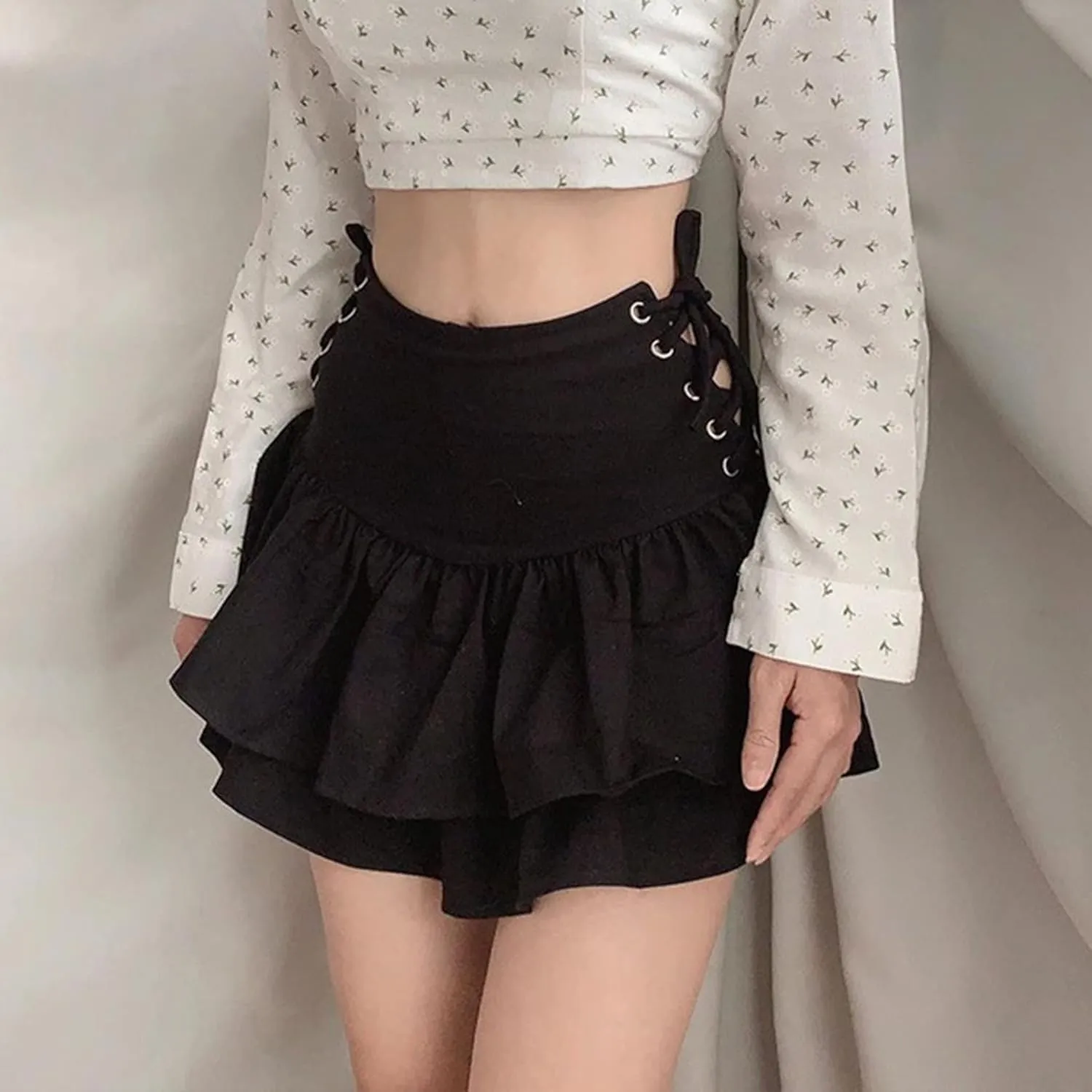 Womens Ruffle Tie Close Skirts Black Mini Skirt High Waist Goth Punk Skirt Girls Pleated Skirt Summer