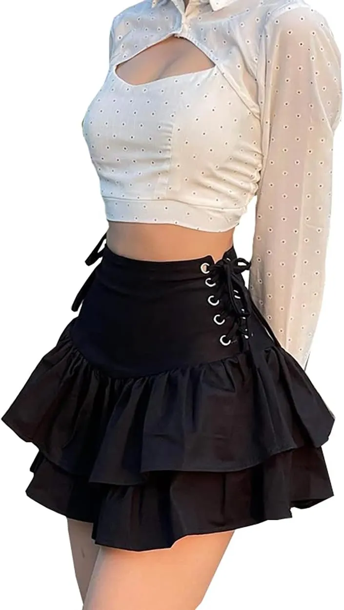 Womens Ruffle Tie Close Skirts Black Mini Skirt High Waist Goth Punk Skirt Girls Pleated Skirt Summer