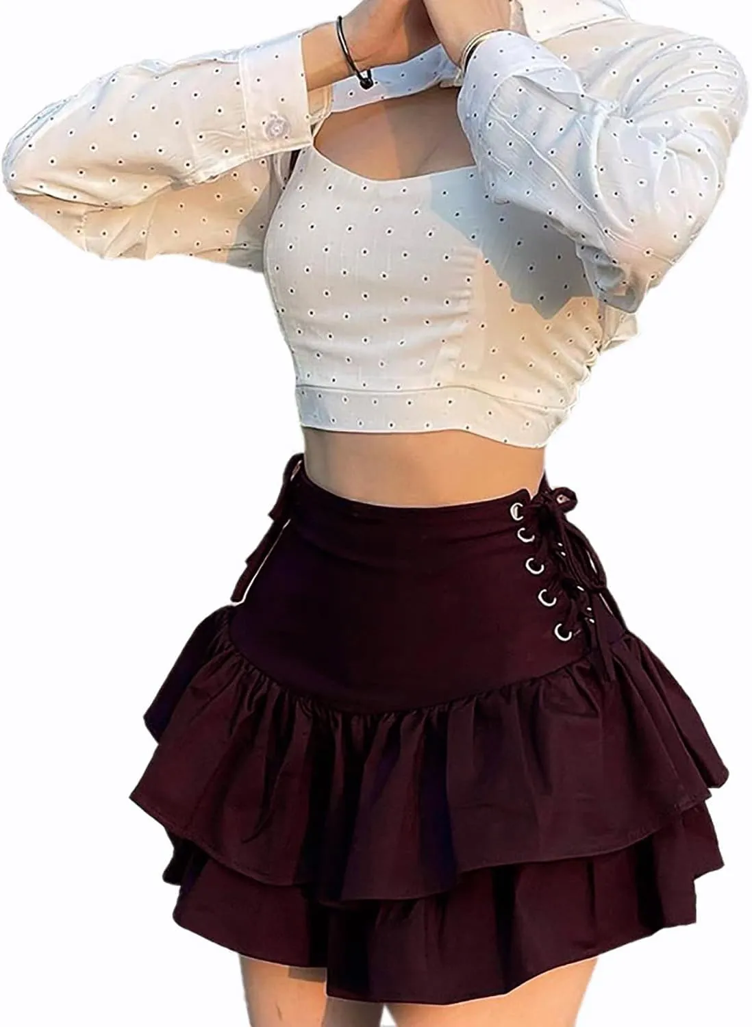 Womens Ruffle Tie Close Skirts Black Mini Skirt High Waist Goth Punk Skirt Girls Pleated Skirt Summer