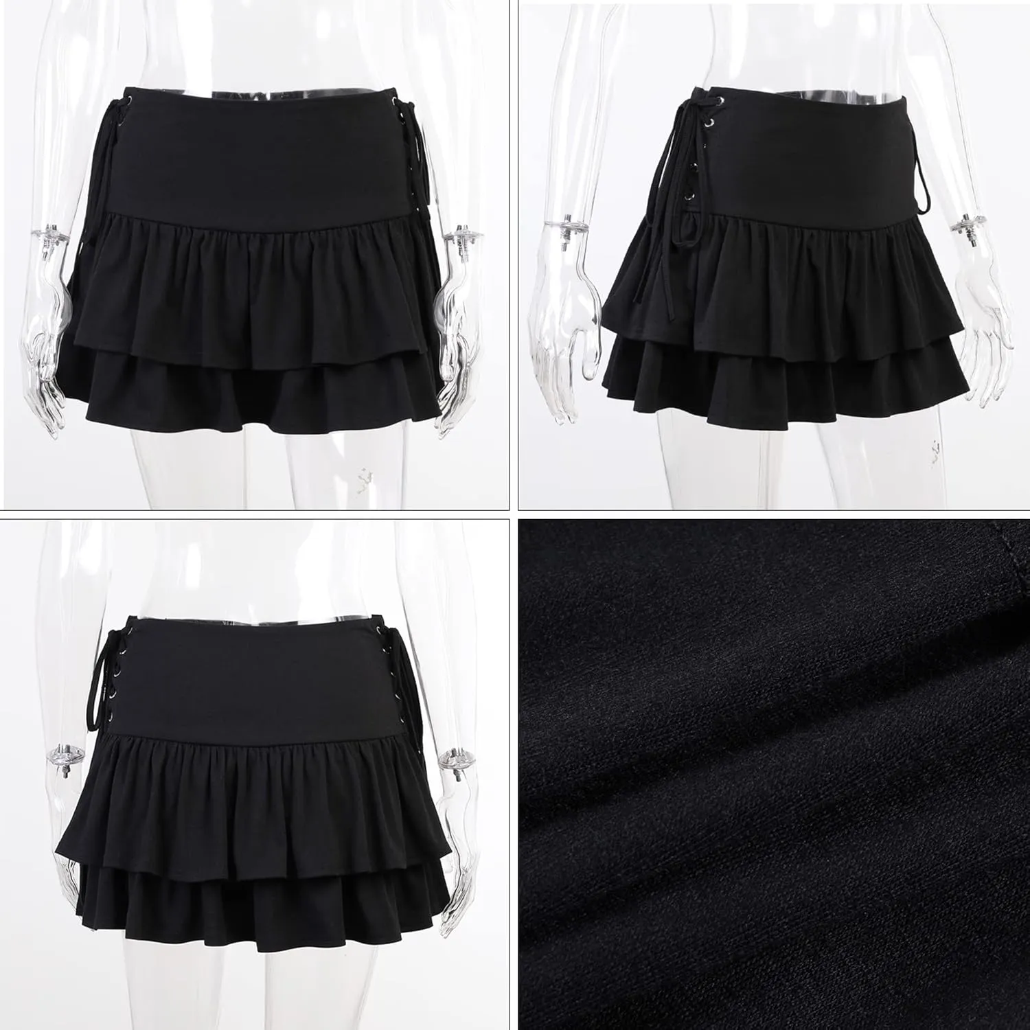 Womens Ruffle Tie Close Skirts Black Mini Skirt High Waist Goth Punk Skirt Girls Pleated Skirt Summer