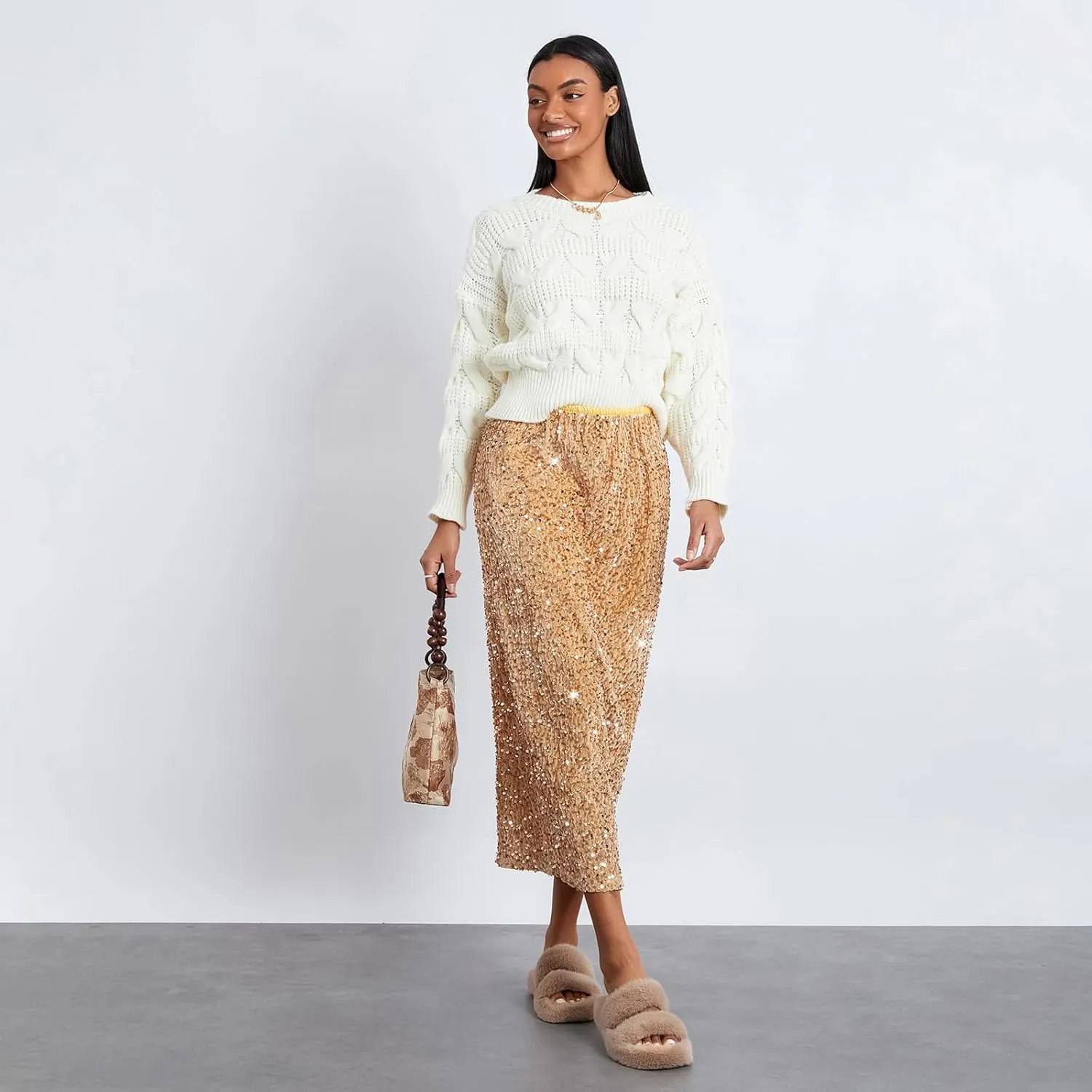 Women's Sequin Midi Skirt Elastic High Waist Slit Pencil Skirt Sexy Slim Cocktail Party Club Night Out Long Skirts