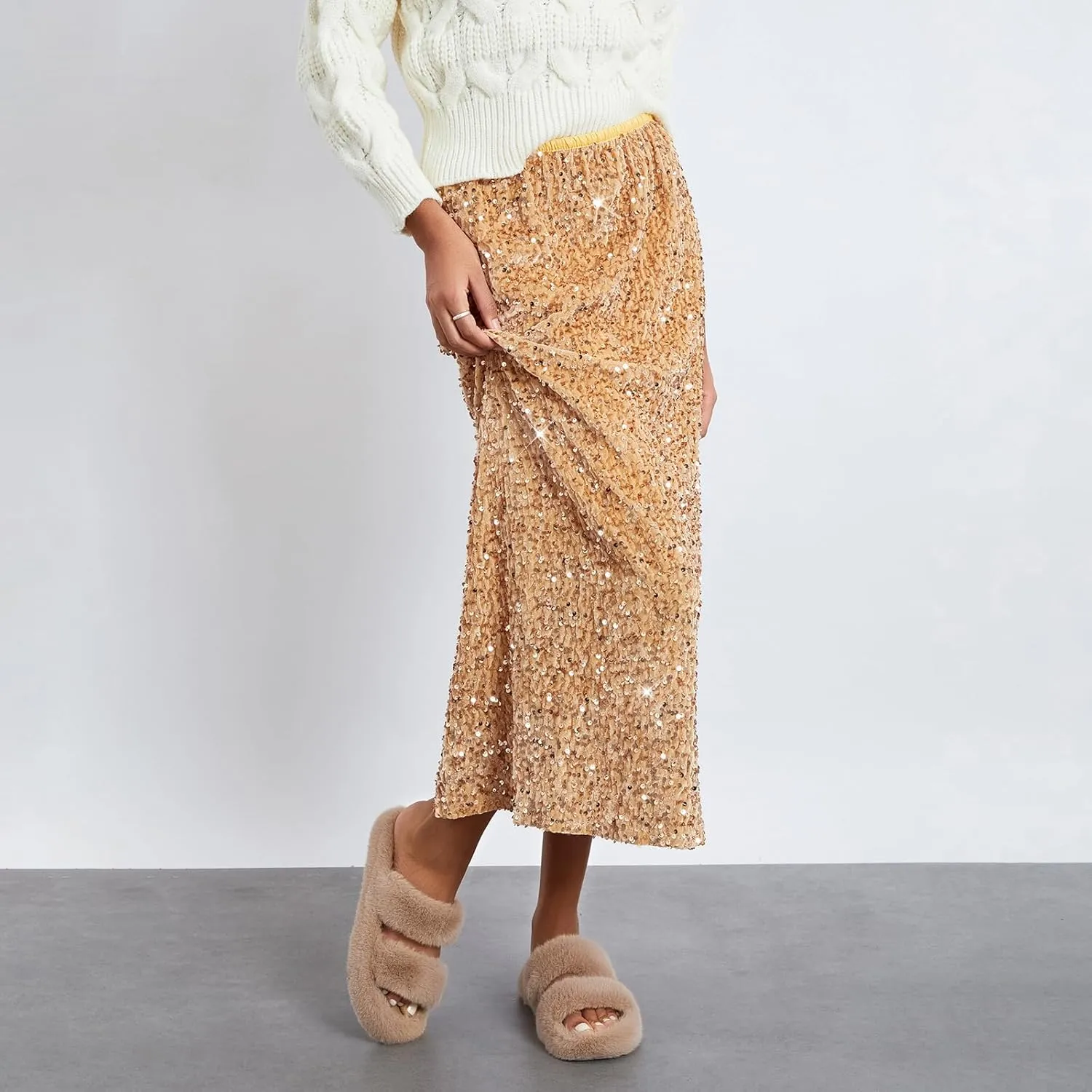 Women's Sequin Midi Skirt Elastic High Waist Slit Pencil Skirt Sexy Slim Cocktail Party Club Night Out Long Skirts