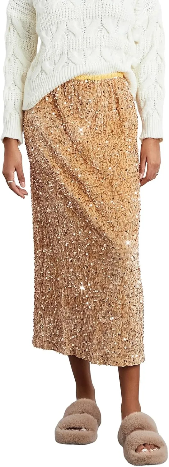 Women's Sequin Midi Skirt Elastic High Waist Slit Pencil Skirt Sexy Slim Cocktail Party Club Night Out Long Skirts